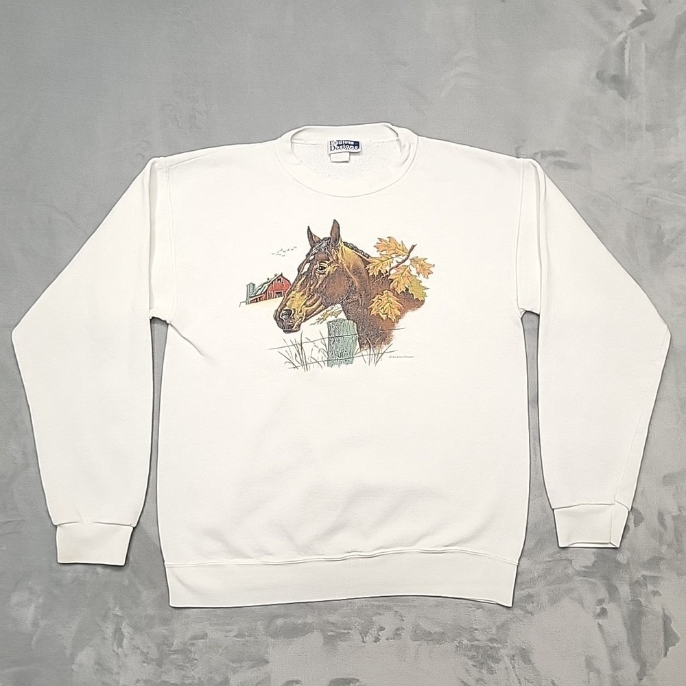 VTG Endless Designs Sweatshirt Mens Medium White Horse Farm Graphic Made In USA